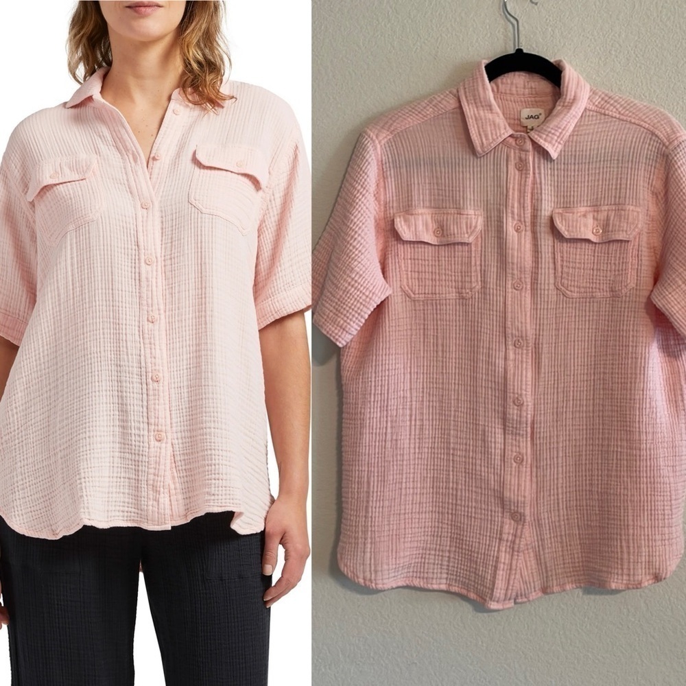 Jag Women Button Front Shirt Small Pink 100% Cotton Short Sleeve Cottagecore